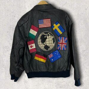 Vintage Wilsons 100% Leather Jacket World Flags Embroidered Patches Mens Coat XL